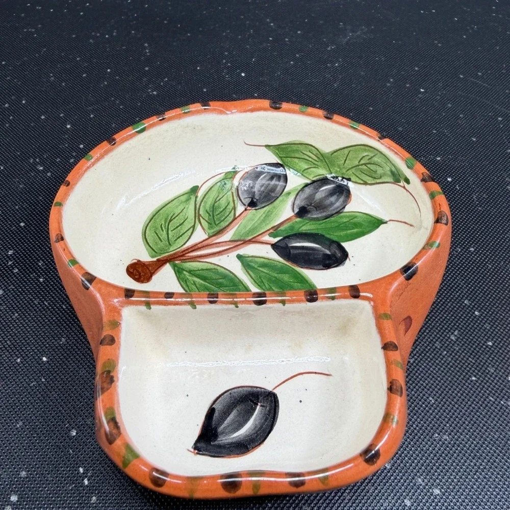 Olaria Oliverio Dourado Portugal Hand Painted Ceramic Olive Divided Serving Dish